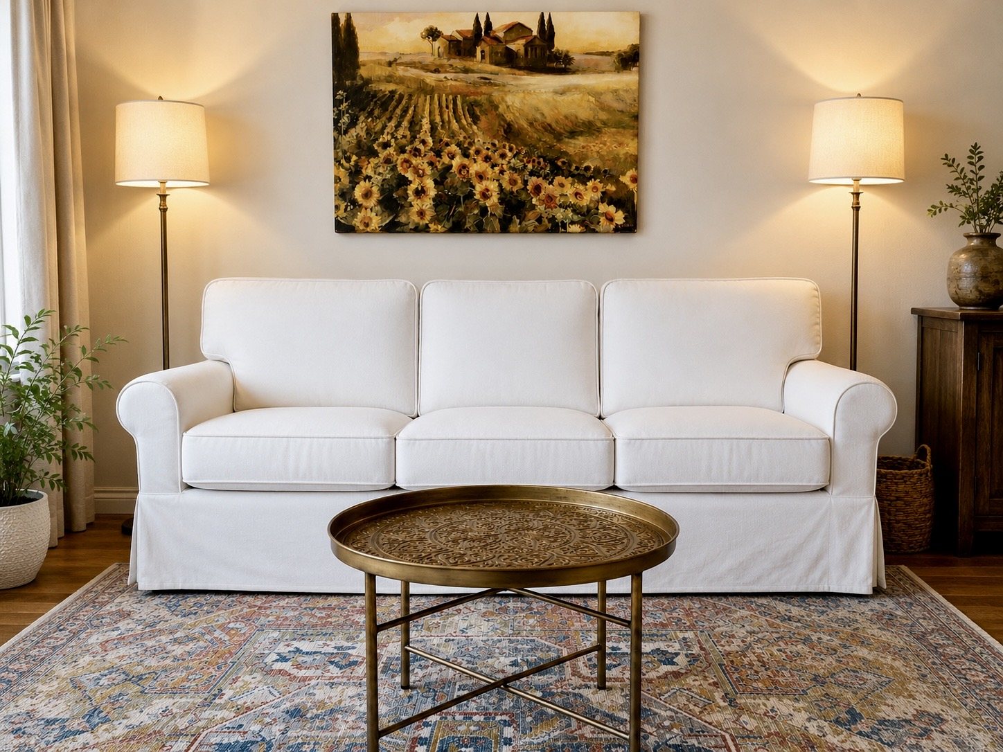 White sofa, patterned rug, warm artwork and brass accent table