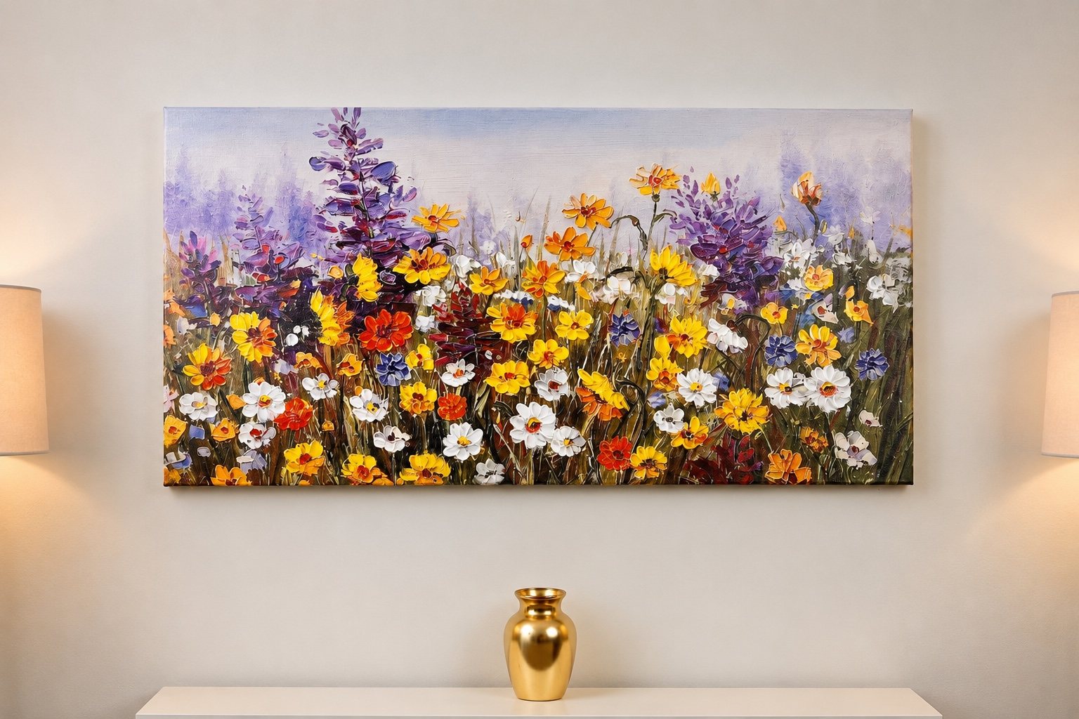Colourful floral artwork above a console with warm lamps